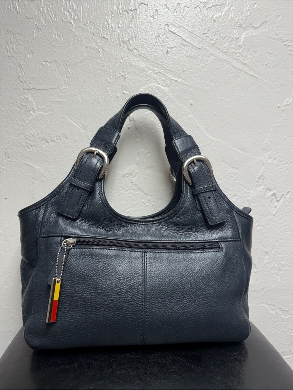 Rolfs Black Leather Shoulder Bag with Colorful Zipper Charm